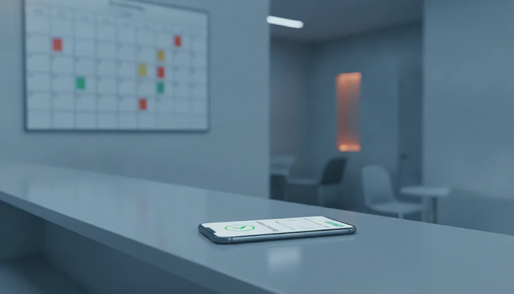 A smartphone on a clinic reception counter showing a new appointment booked notification, with a filling wall calendar behind it