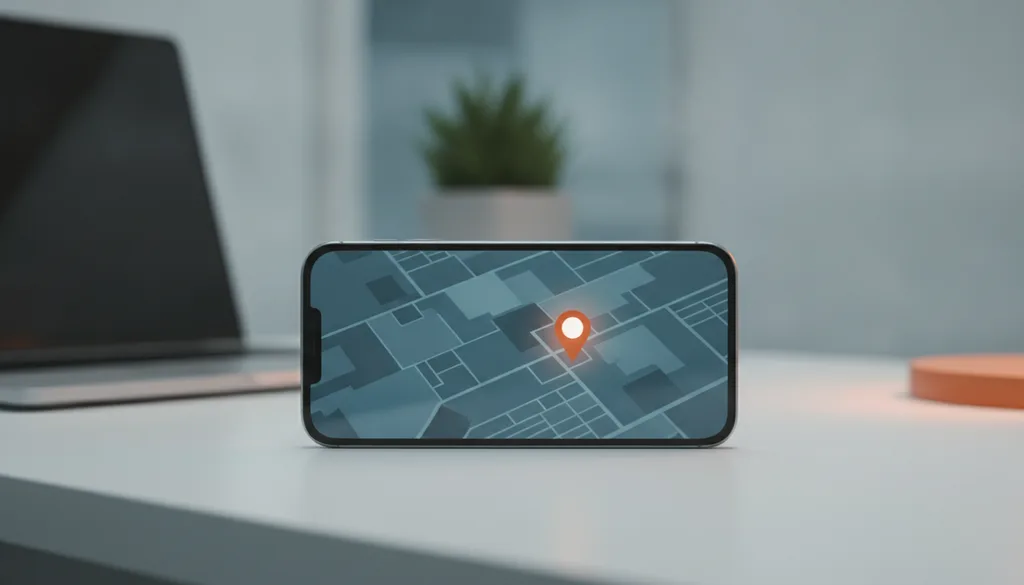 A smartphone on a desk showing a local map with one highlighted pin