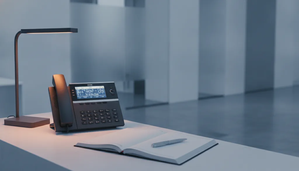A reception desk phone lit with an incoming call beside an open appointment book