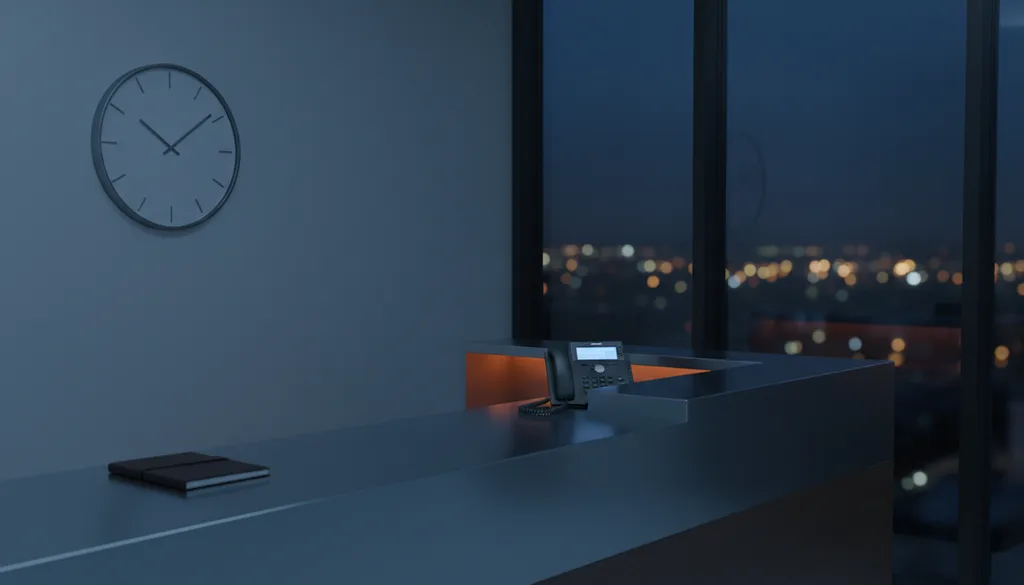 A reception desk at night with the phone glowing, a wall clock and city lights through the window