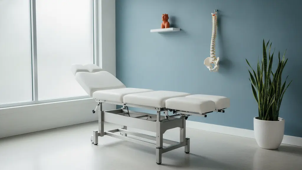 Bright chiropractic treatment room with an empty adjustment table, a spine model and a plant