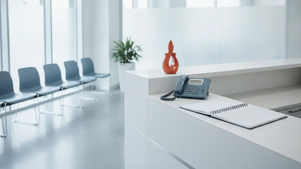 Empty clinic reception desk with a phone and an open appointment book