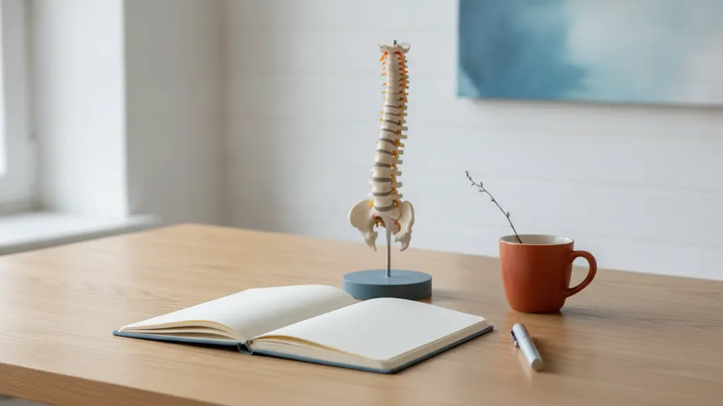 Desk with an open notebook, a pen and a small spine model