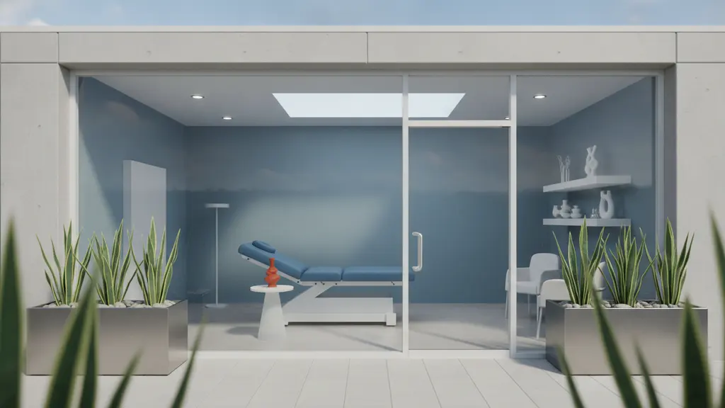 Front of a small modern chiropractic clinic with a glass door and planters