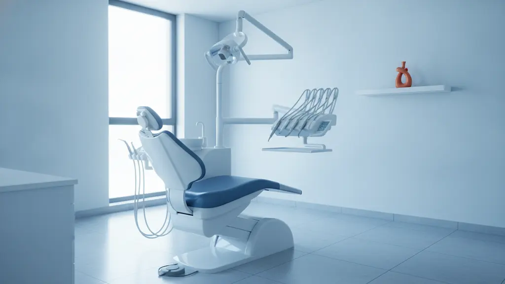 Modern dental operatory with an empty dental chair and overhead light