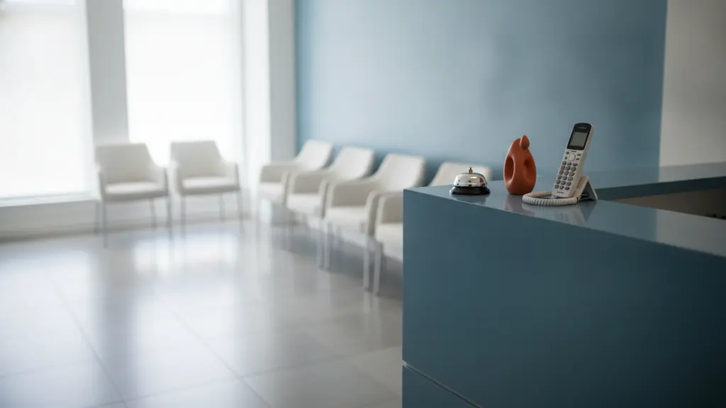 Empty dental reception counter with a phone and a service bell