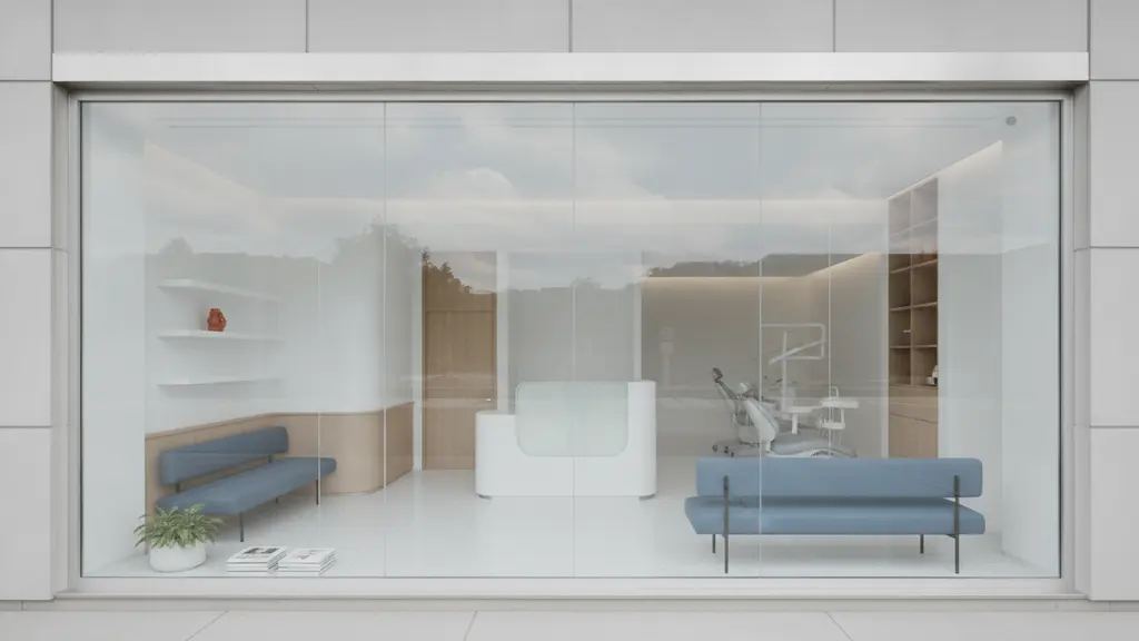 Modern dental office front with large glass windows