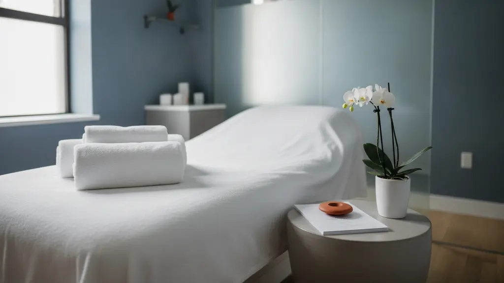 Calm med spa treatment room with an empty treatment bed, towels and an orchid