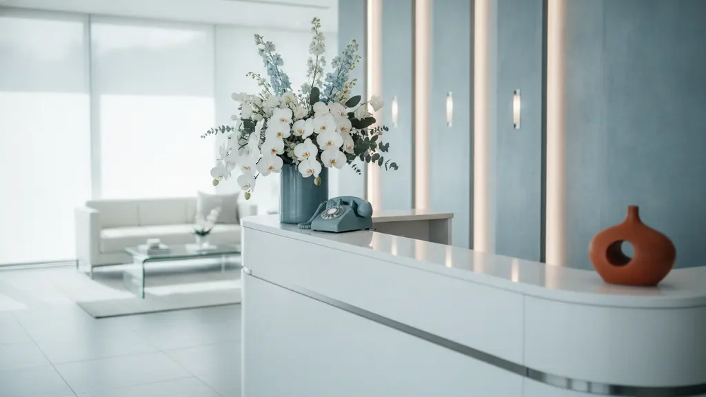 Elegant med spa front desk with a telephone and a flower arrangement