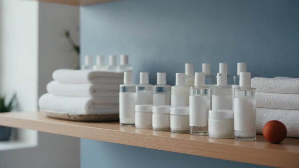 Skincare bottles and folded white towels on a wooden shelf
