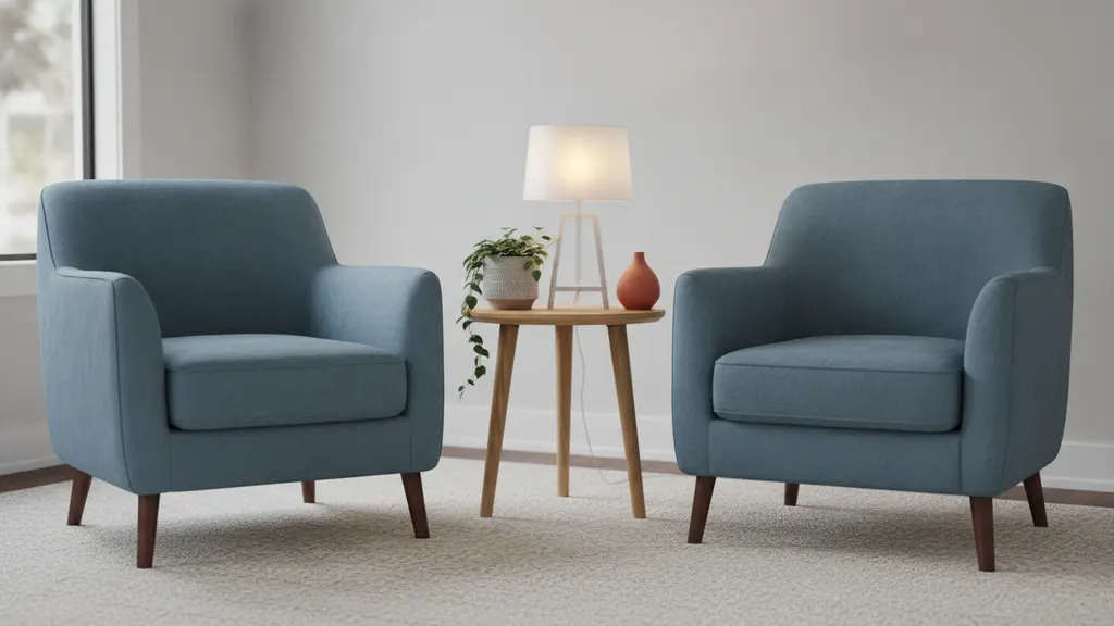 Quiet therapy office with two armchairs, a side table, a plant and a lamp