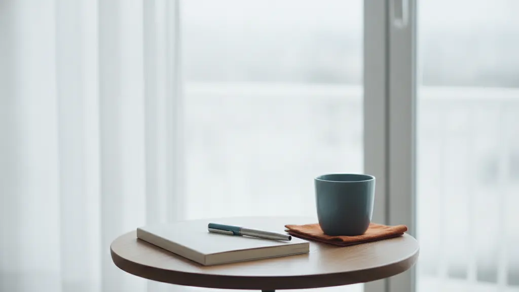 Small table with a notebook, a pen and a cup of tea beside a window