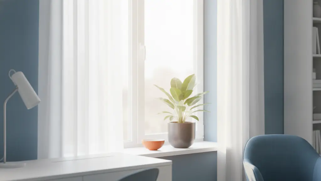 Sunlit window with sheer curtains and a potted plant in a quiet office