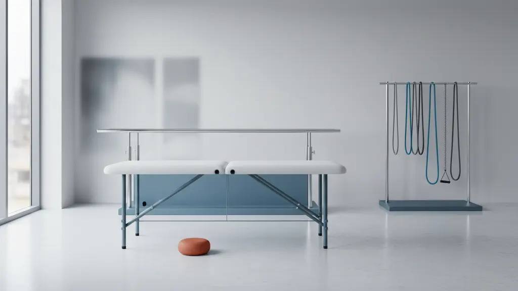 Bright physical therapy gym with a treatment table, resistance bands and parallel bars