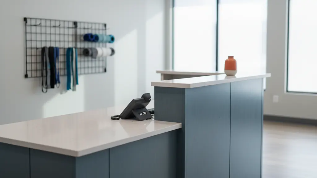 Physical therapy clinic front desk with a phone and exercise bands on the wall