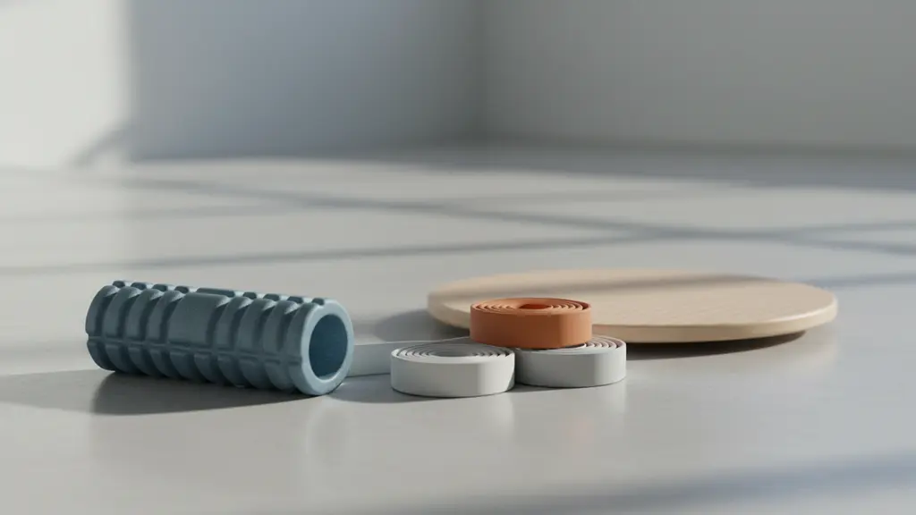 Foam roller, resistance bands and a balance board on a clean floor