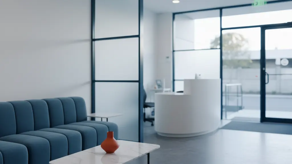 Modern physical therapy clinic front with a ramp and glass door