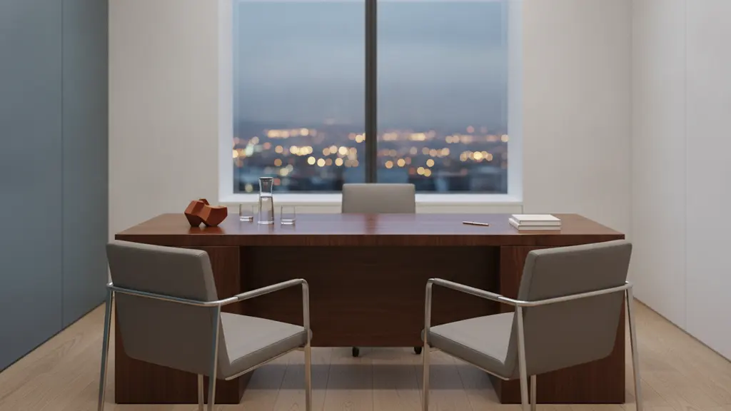 Refined consultation room with a wooden desk, two chairs and a city view
