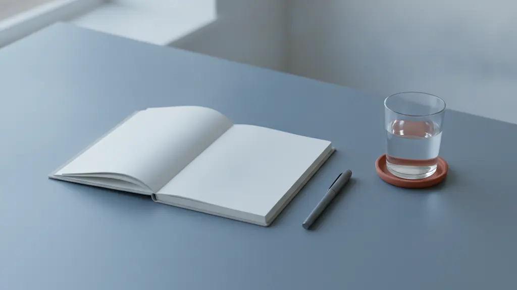 Minimal desk with an open notebook, a pen and a glass of water