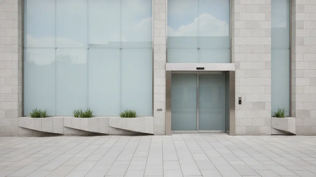 Discreet modern medical building entrance in glass and stone