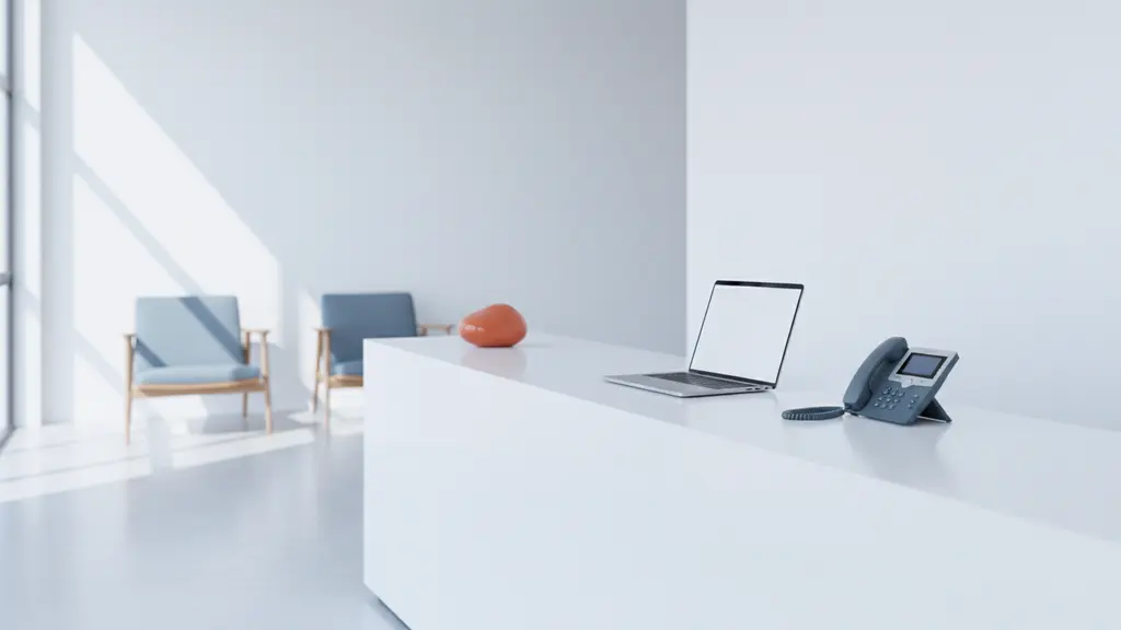 Bright healthcare practice front desk with a telephone and a laptop, empty waiting chairs behind